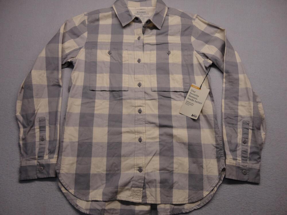 REI Co-op Shirt Womens Medium Gray Plaid Wallace Lake Flannel Button Up Casual